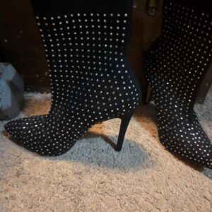 Catherine Malandrino Black Crystal-Embellished Pointed Stiletto Boots